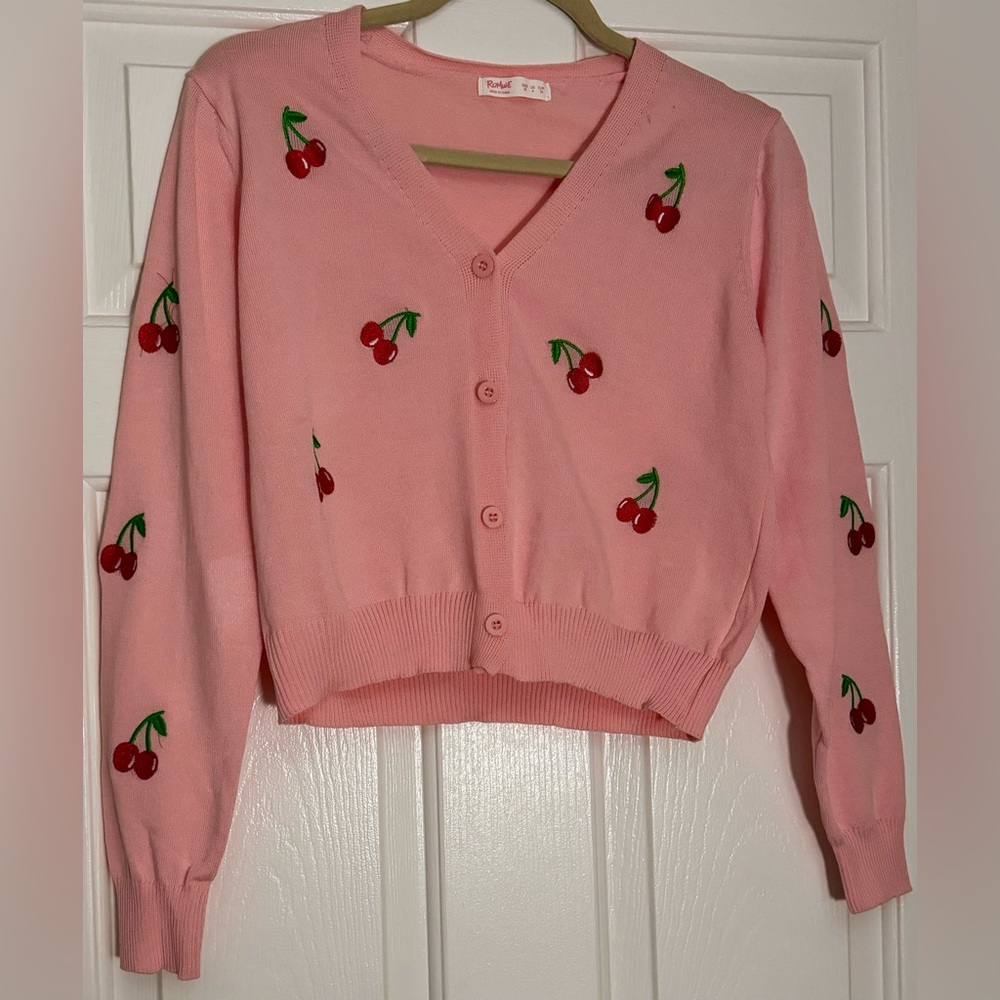 Cherry Pattern Button Front Cardigan & Cami Knit Top